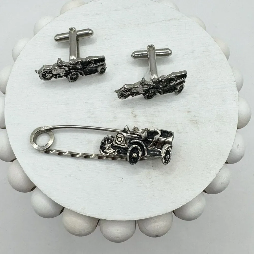 Vtg Ford Model T Antique Car Silver Tone Cufflinks And Tie Pin Bar Set  Fancy